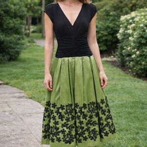 Olive Green Midi Dress with Black Floral Embroidery